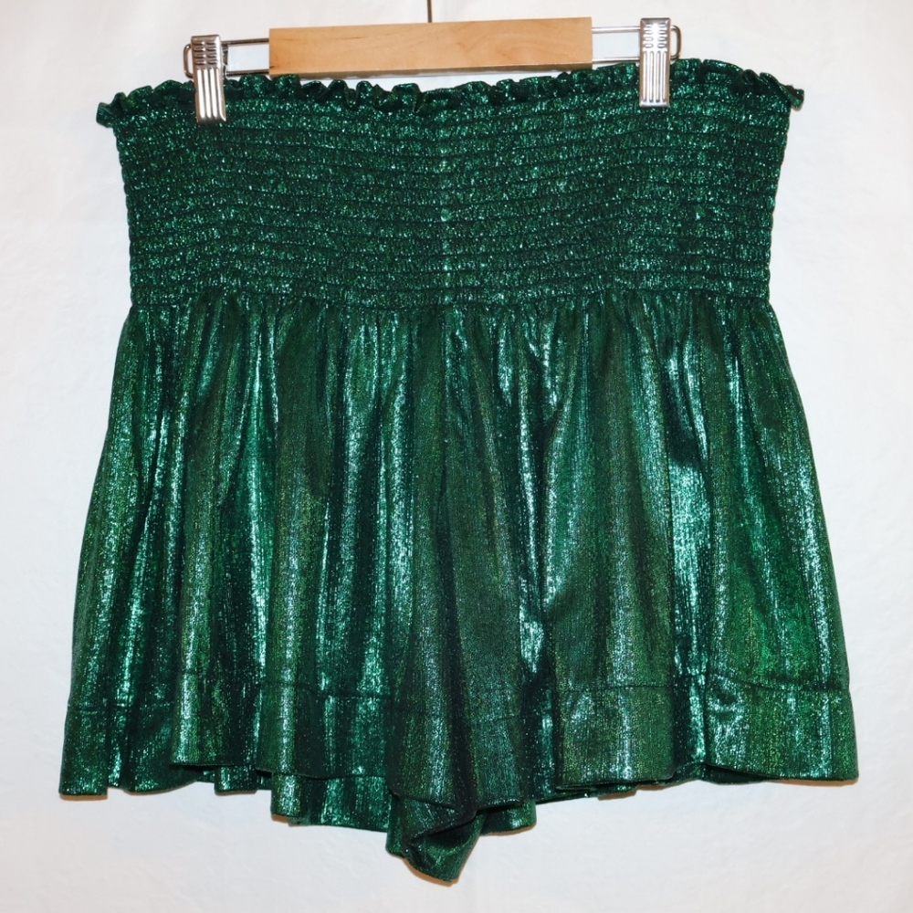 Queen Of Sparkles Emerald Green Shimmery Swing Shorts. Large.